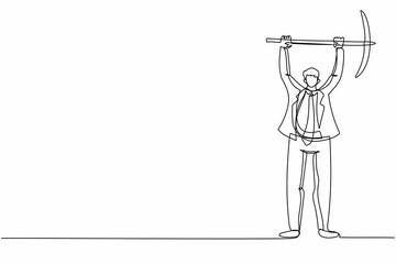 Single continuous line drawing young businessman standing and lifting big pickaxe. Depicts hard work, success, achievement, discovery. Success concept. One line draw graphic design vector illustration