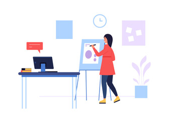 Online course. Woman giving lecture in internet, writing on flip board. Female character teaching people
