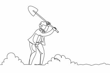 Single one line drawing active businessman digging in dirt using shovel. Office worker dig ground with spade. Treasure digging, growth wealth concept. Continuous line draw design vector illustration