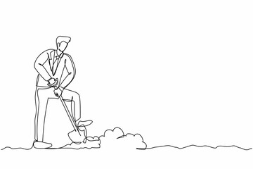 Single one line drawing positive businessman digging in dirt using shovel. Male manager in suit dig ground with spade. Hard working process. Continuous line draw design graphic vector illustration