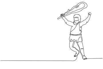 Continuous one line drawing caveman holding and raised cudgel overhead. Man hunting an ancient animal with cudgel, prehistoric male with weapon. Single line draw design vector graphic illustration