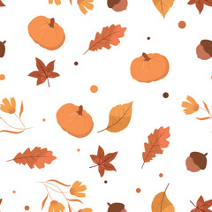 Seamless pattern with falling leaves and pumpkins.