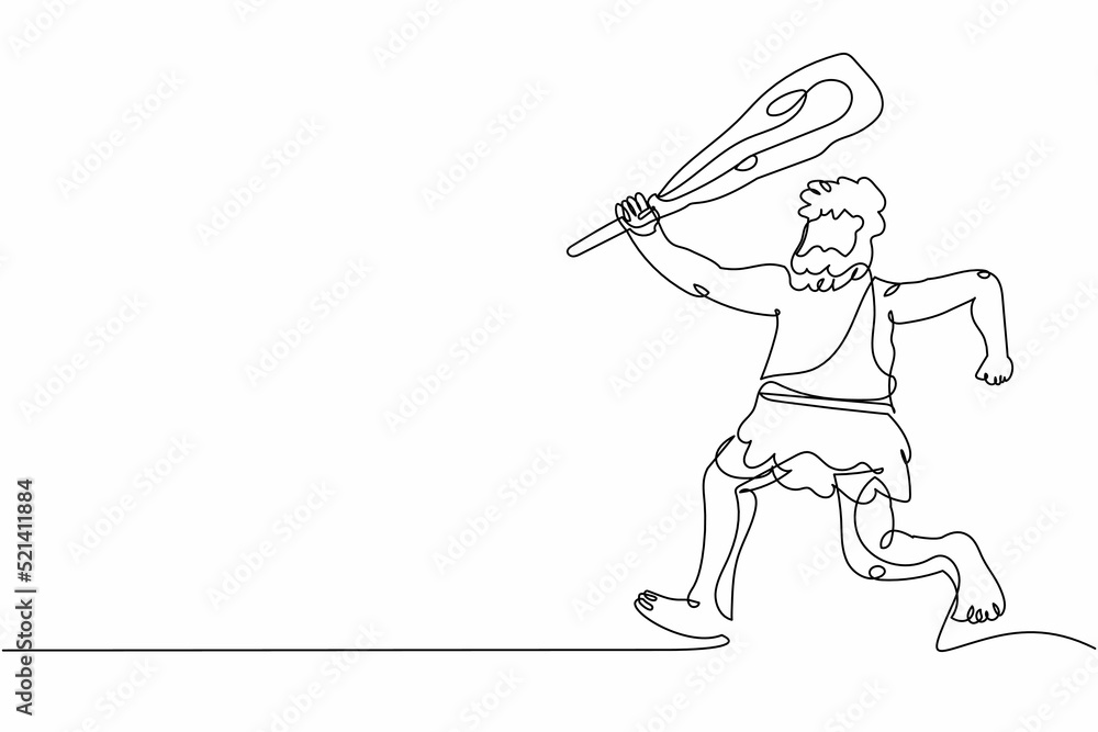 Poster single continuous line drawing angry caveman run and holding cudgel. prehistoric man hunter. ancient