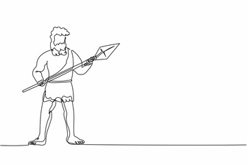 Continuous one line drawing ancient caveman or homosapien hunter standing and holding big stone spear. Prehistoric bearded man dressed in animal pelt. Single line design vector graphic illustration
