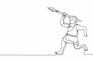 Single continuous line drawing angry hungry primitive caveman chasing running hunting animal with stone spear. Caveman of prehistoric era with weapon. One line draw graphic design vector illustration