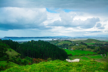 A view of the green hills and calm blue sea behind. Cloudy day at Hawkes Bay, New Zealand