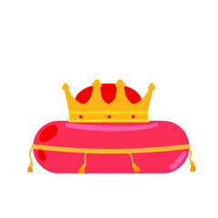 Crown on pillow. Luxury red cushion. Icon of coronation of king and queen. Victory and reward.