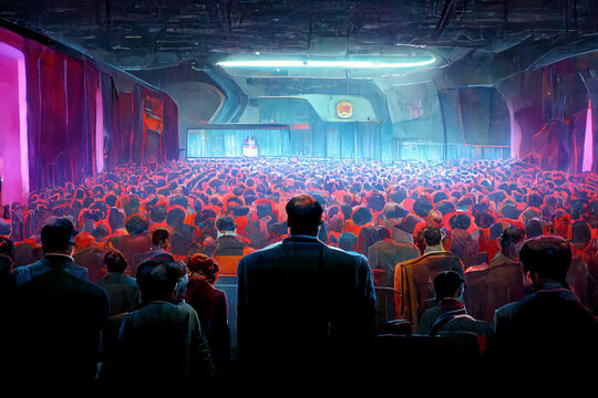 speaker in a futuristic hall in front of an audience