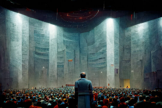 speaker in a futuristic hall in front of an audience