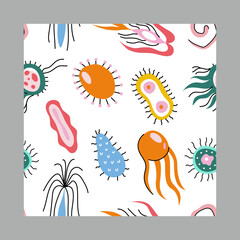 Colorful medical seamless pattern with cute doodle bacterias, microbs and dnk