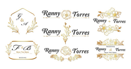 gold frame decor set, vintage calligraphy design and floral leaf with surround shape, invitation template, wedding, greeting card, etc.