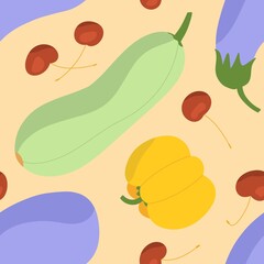 Seamless pattern with autumn fall fruits and vegetables cartoon style handdrawn colorful