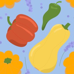 Seamless pattern with autumn fall fruits and vegetables cartoon style handdrawn colorful