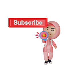 3d rendering cute character girl subscribe