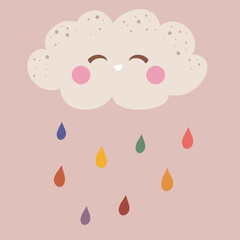 Cute happy sun with kawaii face, clouds with droplets. Scandinavian paper cut style childish weather illustration on pink background in vector. Nursery poster print design idea.