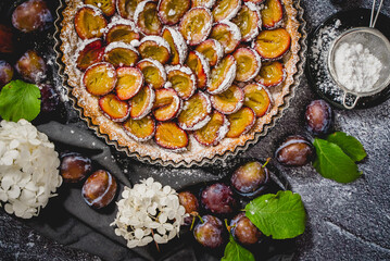 Homemade delicious plum tart with with sugar powder placed on the table