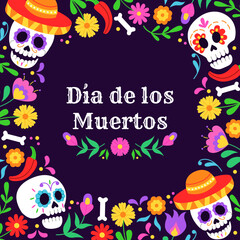 Day of dead mexican carnival celebration frame design with skulls and floral ornament. Dia de muertos Holiday flower border. Vector illustration.