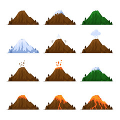Mountain with Volcano Icons Set. Cartoon Style Vector