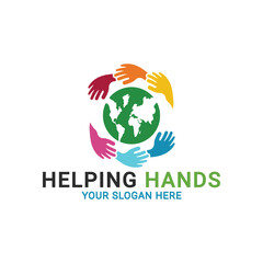 Save the world logo, Human hands holding globe, Teamwork hands logo, helping hands logo template