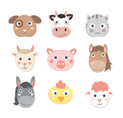 Cute domestic animals heads including a cow, dog, cat, goat, pig, horse, chick, donkey, lamb