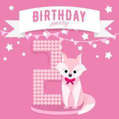 Birthday party invitation for the girl's second birthday with little fox, stars and flags. Children's 2 years party. Pink color pallete. Flat illustration. Square format. 