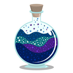 Glass bottle with a magic potion for Halloween. Space potion with stars. Blue and purple liquid with bubbles. Isolated on a white background. Cartoon illustration.