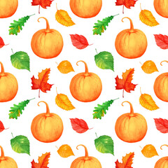 Seamless pattern. Autumn leaves and pumpkins. Fall foliage background. Perfect for textile and scrapbooking.