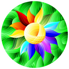 Illustration in stained glass style with abstract rainbow flower on green background, round image