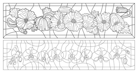A set of contour illustrations in the style of stained glass with orchids and poppies flowers, dark contours on a white background