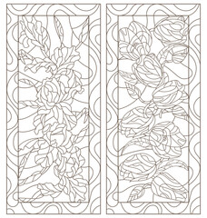 A set of contour illustrations in the style of stained glass with irises and tulips flowers, dark contours on a white background