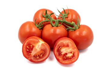 Bunch tomatoes. Freshly cut tomatoes isolated on white background. Organic food. close up