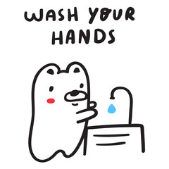 Wash your hands. Little cute bear. Hygiene for kids. Outline vector icon on white background.