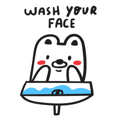 Wash your face. Cute little bear.  Hygiene for kids Outline vector icon.