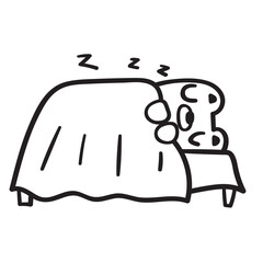 Bear sleep in bed. Outline vector illustration on white background.