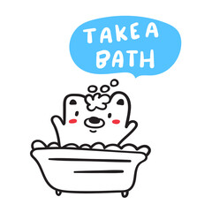 Take a bath. Little bear in bath. Outline illustration on white background.