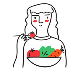 Young woman eat salad. Bowl of vegetables. Outline vector icon on white background.