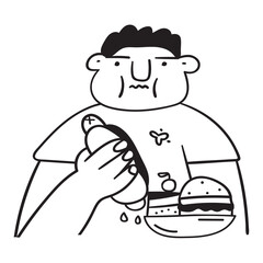 Fat man eat fast food. Outline vector illustration on white background.