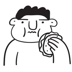 Fat boy eat taco. Outline vector icon on white background.