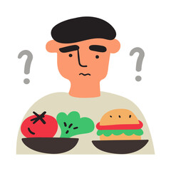 Man doubt. Choose between healthy and unhealthy food. Vector hand drawn illustration.