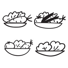 Set of outline icons. Bowls with vegetables. Vector illustrations on white background.