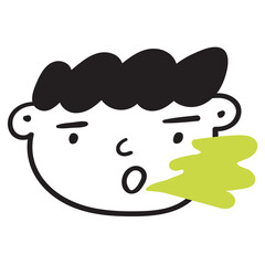 Young boy has bad breath. Vector outline icon on white background.