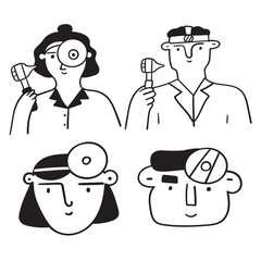 Collection of outline icons. ENT doctors. Otolaryngologists. Vector illustrations on white background.