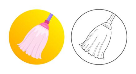 Broom icon. Cleaning equipment, tools and chemistry. Colorful and outlined icon in circle. Vector illustration isolated on white.