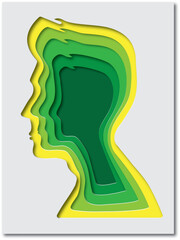 Papercut human head template on isolated background. Green layered 3d man or child portrait silhouette for psychology or environment and eco-friendly mindset concept. Vector modular