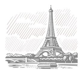 Paris with the Eiffel Tower vintage drawing.