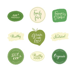 Set of hand drawn brush modern calligraphy. Handwritten lettering logo, label, badge, emblem for organic food, products packaging, farmer market, eco labels, vegan shop, cafe. Vector