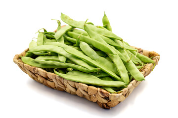 Ripe green beans. Fresh and raw green beans in basket isolated on white background. Organic food. close up