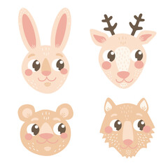 Portraits of cute baby animals. Animal avatars. Vector hand drawn set. Bunny, deer, bear, wolf head. Print design for kids products.