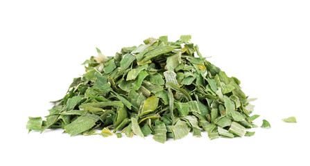 Dry chopped spring onion isolated on white background. Chopped dried green onion or scallion. Spices and herbs.
