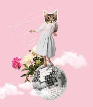 Contemporary art collage. Stylish girl headed with cat muzzle dancing on disco ball isolated over pink background. Party mood